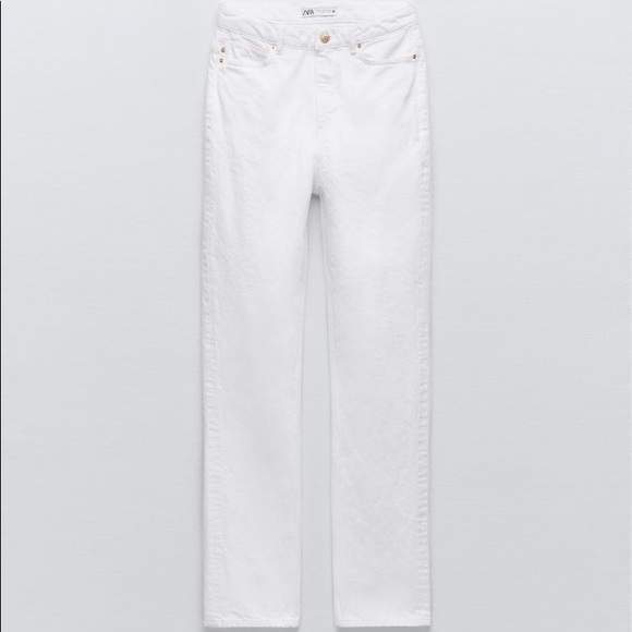 High-waisted jeans with five pockets and straight legs. Washed effect. - Picture 3 of 14